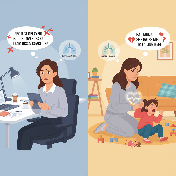صورة لامرأة تعاني من التوتر بين عملها كمديرة مشاريع وتربية ابنتها المتبناة، تظهر مشاعر القلق والتحدي مع إشارات للأمل والتوازن.