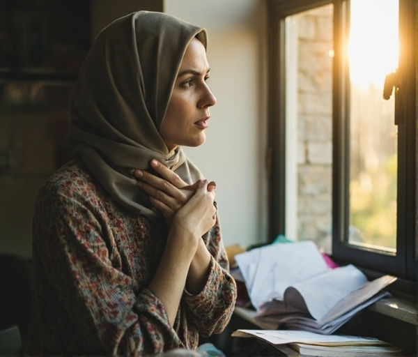 فتاة شابة تشعر بضيق في صدرها وتتنفس بعمق بجانب النافذة وسط كتب الدراسة، تعبيرها يجمع بين القلق والأمل في التعافي النفسي.