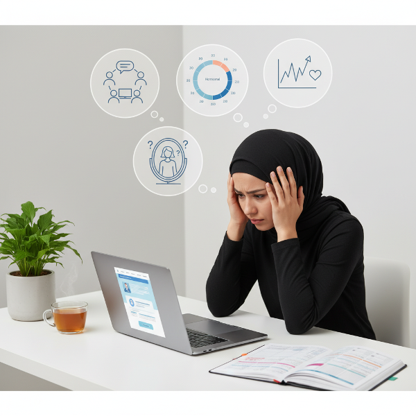 شابة عربية تتعامل مع ضغوط العمل القيادي والتقلبات الهرمونية وصورة الجسد، في مشهد يصور الصراع الداخلي والبحث عن التوازن.