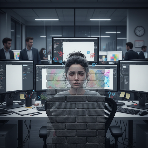 فتاة مصممة جرافيك تشعر بالإرهاق والاحتراق النفسي أمام شاشة عملها، مع جدار رمزي يحجب أفكارها الإبداعية الملونة.