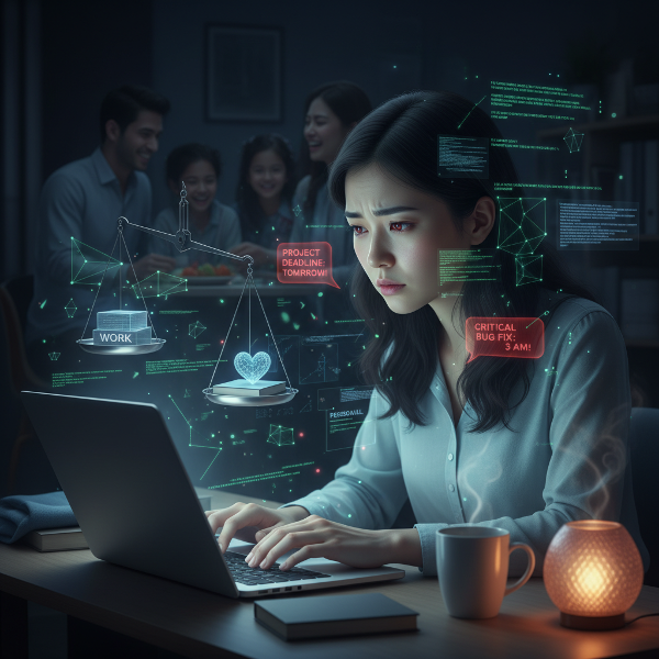 صورة رمزية لامرأة شابة منهكة من العمل المفرط، محاطة بضغوط العمل الرقمية مع إهمال واضح لحياتها الاجتماعية والعائلية، تعبر عن صراع بين الطموح المهني والصحة النفسية.