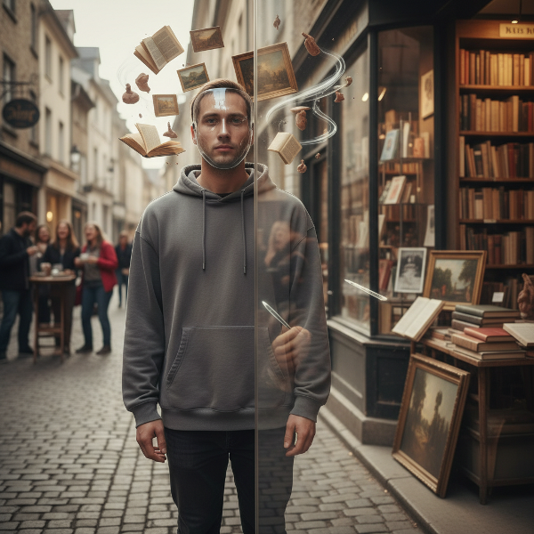 رجل شاب يشعر بالعزلة والاغتراب في مدينة صغيرة، يرتدي قناعًا في المواقف الاجتماعية بينما يراقب حياته من الخارج. تظهر الصورة تناقضًا بين عالمه الداخلي من الكتب والفن وضغوط الاندماج الخارجي.