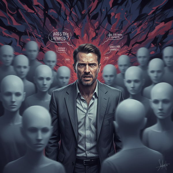 صورة لشاب يعاني من القلق الاجتماعي أثناء موقف تواصل، مع تعابير وجه توحي بالتوتر والخوف من الحكم عليه، في بيئة اجتماعية غامضة.