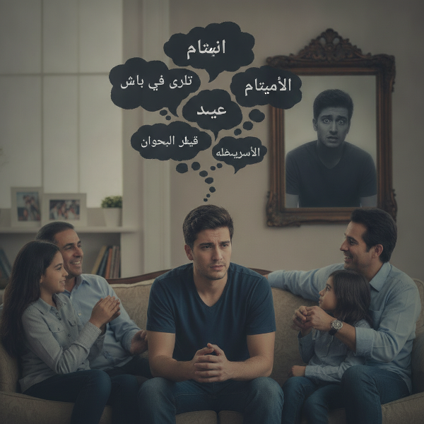 شاب يعاني من القلق الاجتماعي أثناء التحدث أمام العائلة.