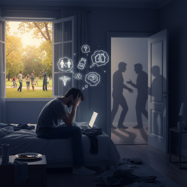 شاب يعاني من آلام جسدية في غرفته بينما تظهر خلافات عائلية في الخلفية، مع تناقض بين جو المنزل المشحون والراحة خارجاً.