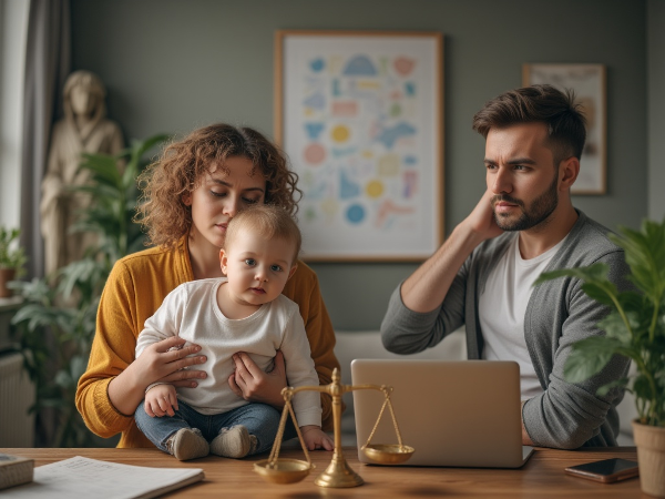 امرأة شابة تحاول الموازنة بين مسؤوليات الأمومة والزوجة والعمل، مع تعبير عن التوتر والأمل في خلفية عائلية.