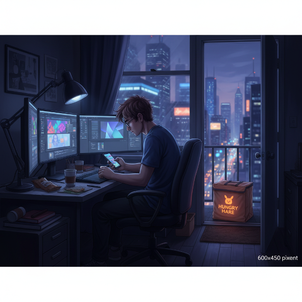 مصمم شاب يعمل عن بُعد في شقته الصغيرة ليلاً، محاطًا بالشاشات الرقمية لكنه يشعر بالعزلة، بينما الحياة الاجتماعية النابضة بالحياة تستمر خارج نافذته دون أن يشارك فيها.