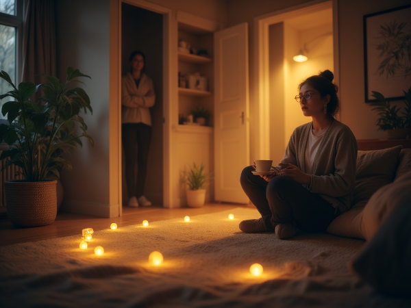 امرأة شابة تجلس في غرفتها، محاطة بتحديات الاكتئاب والرهاب الاجتماعي، لكن خطوات صغيرة مضيئة على الأرض تشير إلى بداية رحلة النمو الشخصي واستعادة الثقة.