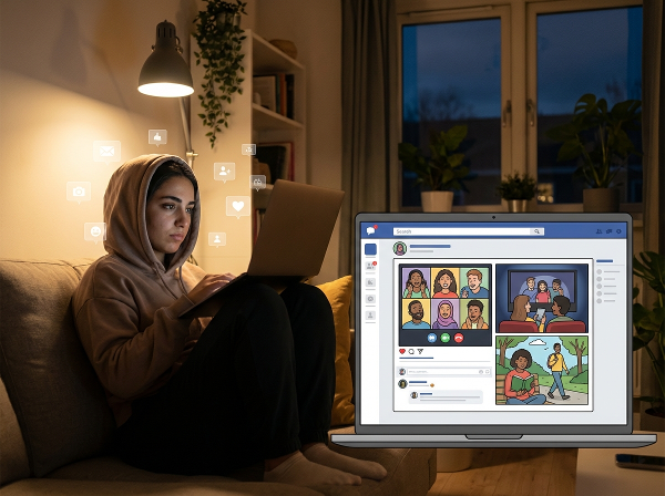 صورة توضيحية لفتاة شابة تشعر بالوحدة في العالم الرقمي، مع اقتراحات بصرية للتواصل الهادف والأنشطة اليومية الإيجابية.