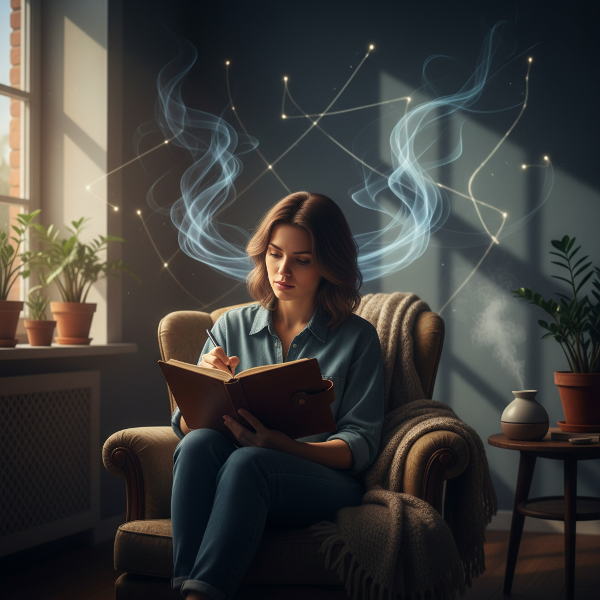 صورة لشابة في العشرينيات تجلس في غرفة مظلمة ترمز للتوتر المنزلي، تكتب أهدافها في دفتر بينما يسلط ضوء النافذة الأمل على وجهها، مع خطوط تنفس هادئة في الخلفية لمواجهة القلق.