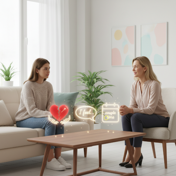 امرأة شابة تتحدث مع طبيبة نفسية في عيادة هادئة، مع رموز بصرية للتواصل العاطفي وإصلاح العلاقات تحت الضغط.