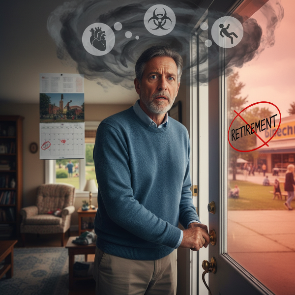 Мъж на прага на дома си, обзет от тревога и натрапчиви мисли за опасности навън, докато сигурността на дома го държи в капан.