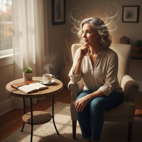 Жена в зряла възраст в уютна стая, замислена пред прозореца, заобиколена от символи на тревожност и търсене на спокойствие.