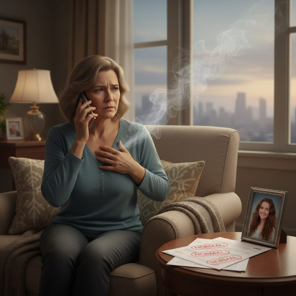 Жена в средата на живота си изпитва физически симптоми на тревожност в дома си, докато размишлява за заминаването на дъщеря си, с медицински документи наблизо.