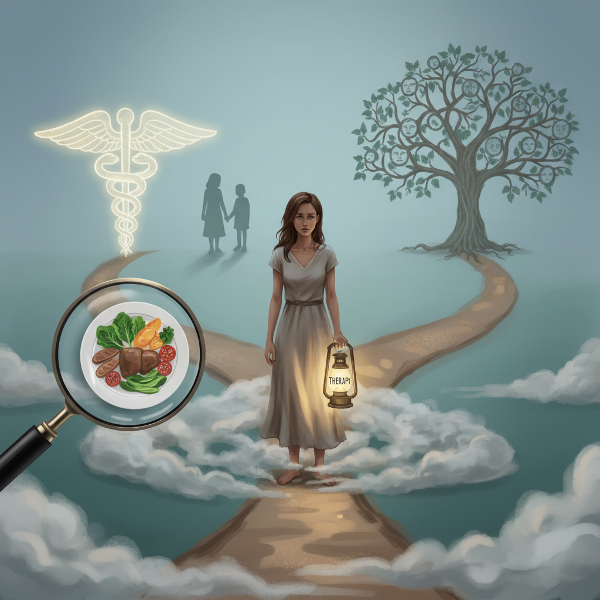 Жена на кръстопът между пътища, символизиращи тревоги за хирургия, семейство, деца и хранене, с фокус върху пътя към терапията.