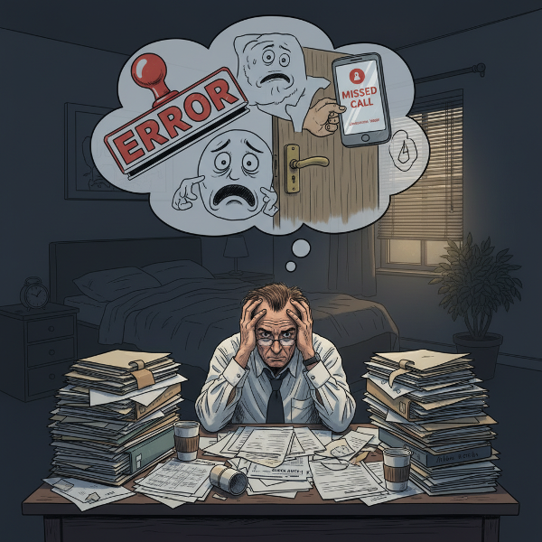 Илюстрация на мъж на средна възраст, обзет от тревожност в работната и домашната си среда, с визуализация на натрапчивите му страхове.