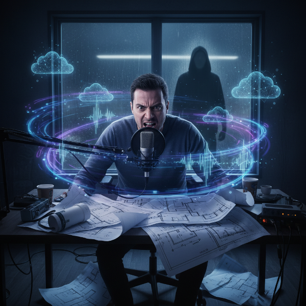 Архитект, обсебен от записването на всяка своя мисъл, изолиран в стая, заобиколен от цифрови звукови вълни и облаци, докато реалният свят остава на заден план.