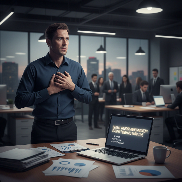 Мъж в офис изпитващ тревога и физически симптоми преди публично изказване, докато гледа към размазана аудитория.