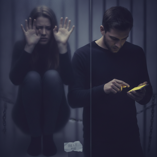 Жена, чувстваща се задушена, докато партньорът ѝ контролира телефона и ограничава контактите ѝ, изразяваща тревога за емоционално насилие.