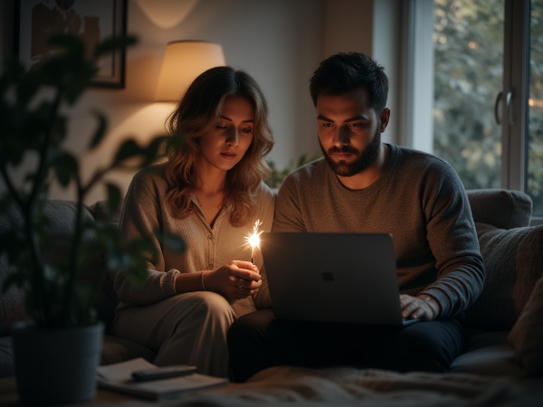 Двойка в апартамент, работеща от вкъщи, физически близки, но с отслабнала емоционална и интимна връзка, илюстрираща предизвикателствата на постоянната близост.