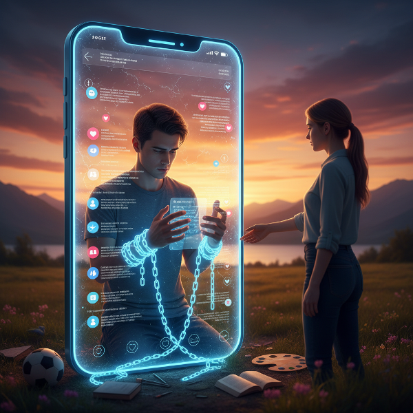 Младеж, затворен в капан от смартфон, автоматично скролващ в социални мрежи, докато пропуска живота около него.