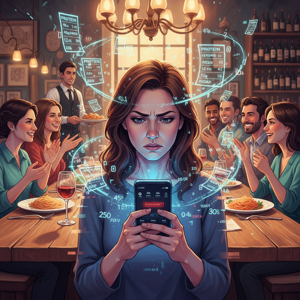 Жена, обсебена от приложение за проследяване на храна, изпитваща стрес и изолация по време на социална вечеря.