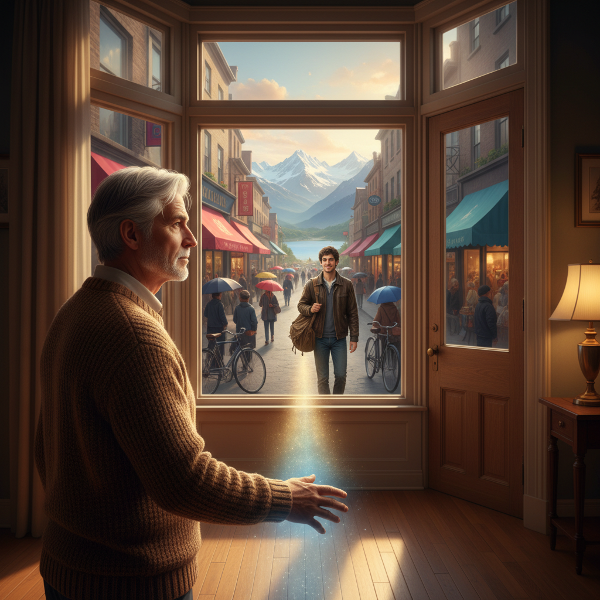 Мъж в напреднала възраст гледа през прозореца към оживения външен свят, докато отражението му показва по-млад и активен образ. Лъч светлина сочи към вратата.