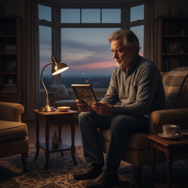 Мъж на възраст в спокойна всекидневна се замисля, докато гледа семейна снимка, изразявайки тревога за далечен близък.