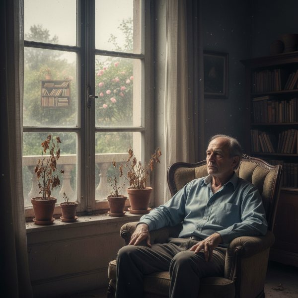 Възрастен мъж в мъглата на апатия, гледащ през прозореца към изсъхнал свят, докато спомени за живота потъват в праха.
