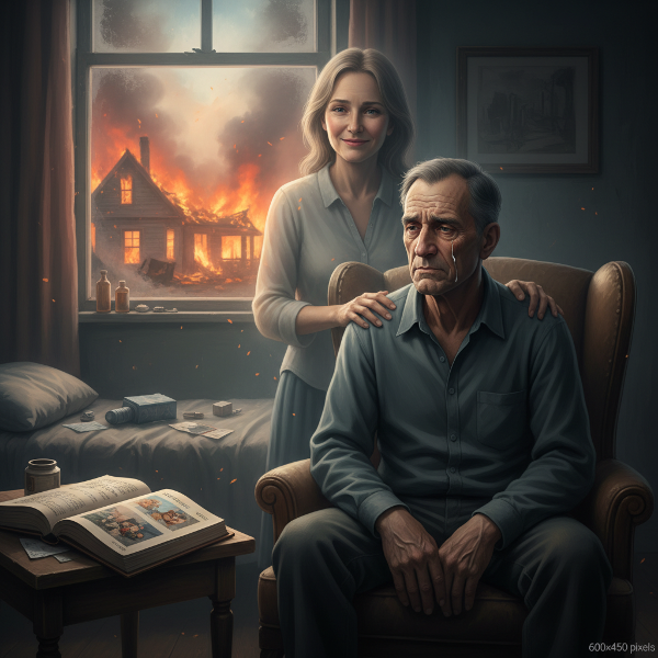 Илюстрация на възрастен мъж, обзет от скръб и изтощение, заобиколен от призрачни образи на загуба и стара травма, символизираща наслоения стрес.