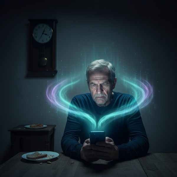 Възрастен мъж в нощна обстановка, раздразнен от използването на смартфон, докато се опитва да намери спокойствие чрез дишане.