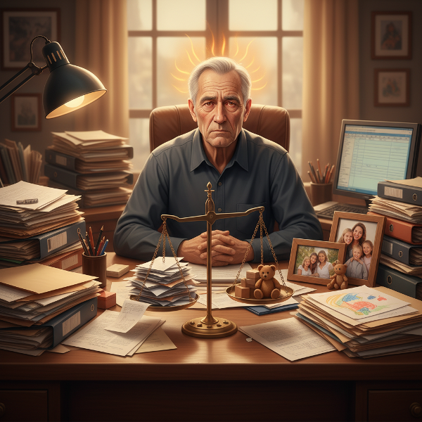 Изображение на възрастен мъж, претоварен от работа, с визуална метафора за баланса между професионални задължения и личен живот.