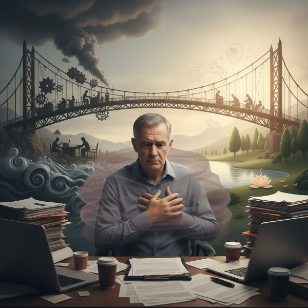 Илюстрация на възрастен мъж, изпитващ стрес и умора на работното място, със символичен преход към спокойствие.