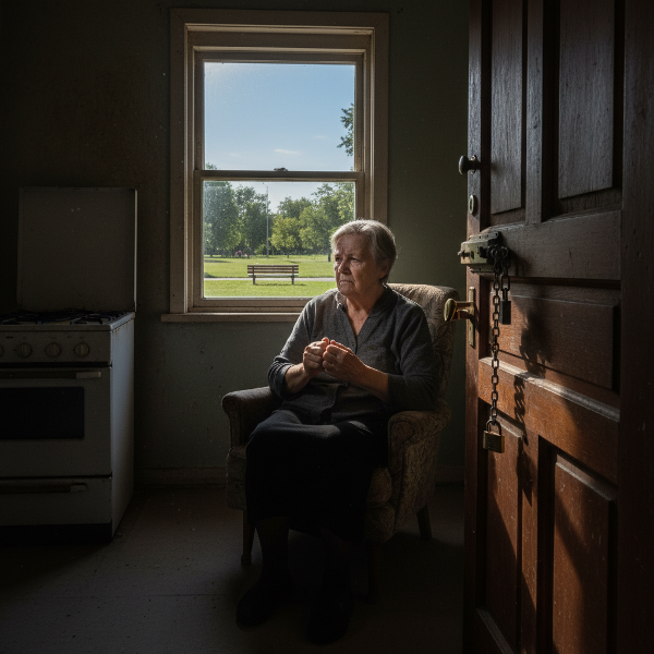 Жена на 64 години седи самотно до прозореца на своя апартамент, гледайки с тревога към слънчевия парк и празната пейка отвън, докато вкъщи се виждат изключен котлон и заключена врата.