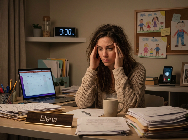 Изображение на жена на 57 години, изглеждаща претоварена от ежедневните задължения, с визуални индикатори за стрес и ранно изгаряне.