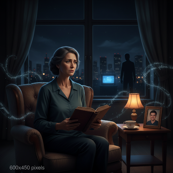 Илюстрация на Елена, която се чувства в плен на собствените си мисли в дома си, с визуализация на тревожността и усещането за наблюдение.