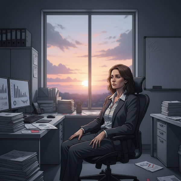 Жена в офис се чувства емоционално изгоряла, обкръжена от сиви документи, докато лека светлина на възход символизира надежда за възстановяване.