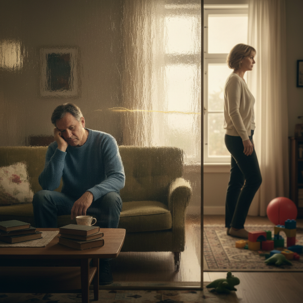 Символично изображение на двойка, разделена от ледена стена в собствения си дом, илюстриращо емоционалното отдалечаване и тишината в дългогодишен брак.