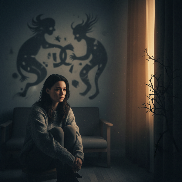 Жена в полумрак, изправена пред емоционална борба след предателство, с мъгляви образи на съмнение и лека светлина на надежда.