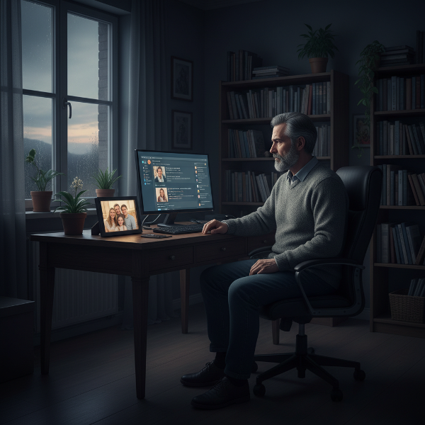 Мъж на средна възраст се чувства самотен в собствения си дом, обграден от физическо присъствие но липса на дълбока връзка, илюстрирайки емоционална самота вътре в ежедневието.