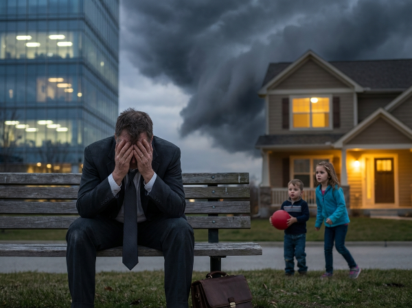 Изтощен млад баща седи на пейка, разделен между стреса от работата и нуждите на децата си, които го гледат с притеснение.