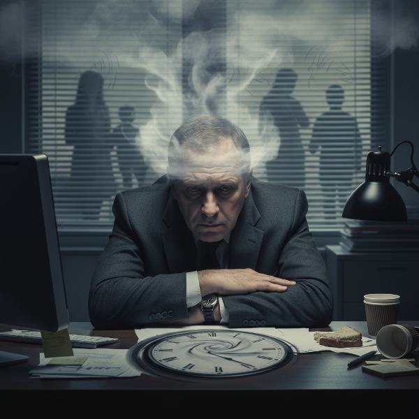 Изображение на изтощен мъж в офис с мъгла в главата, символизираща умствено изтощение и конфликт между работа и личен живот.
