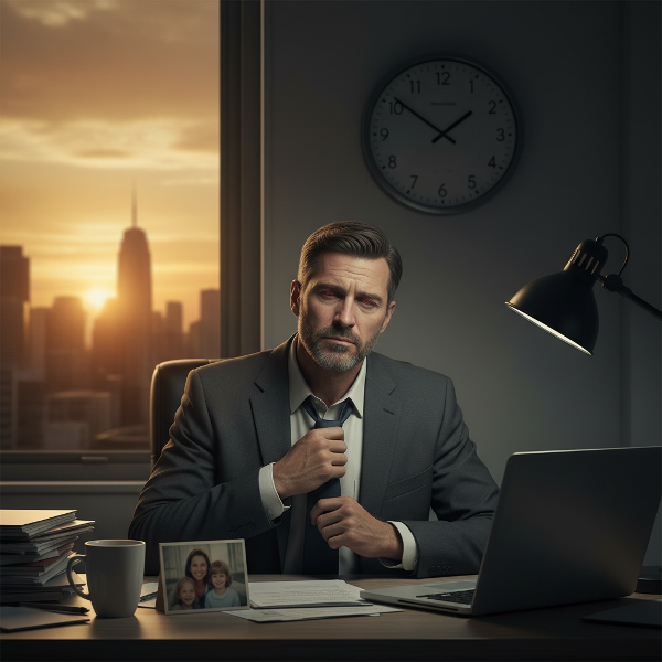 Изморен мъж в офиса след дълъг работен ден, с часовник, показващ над 10 часа, и замъглена семейна снимка на бюрото, илюстриращо конфликта между работа и личен живот.