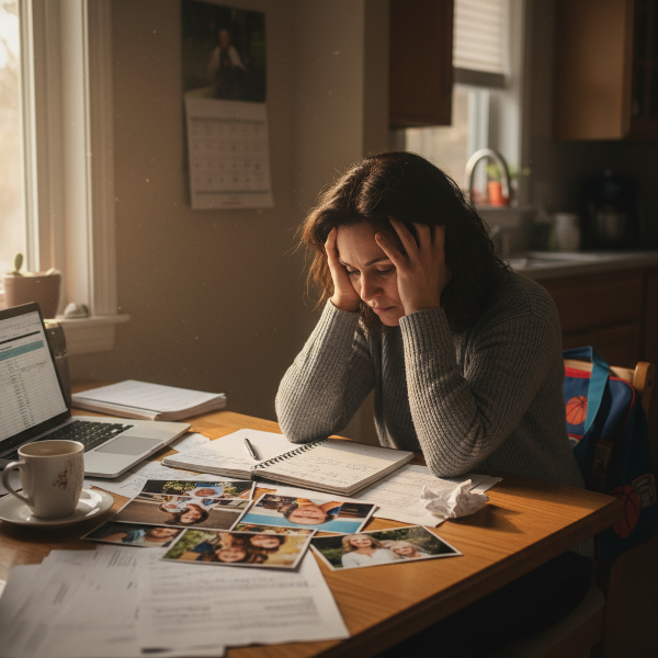 Изтощена майка на тийнейджъри в кухнята вечер, заобиколена от работа и семейни задължения, търсеща начин да намери баланс.