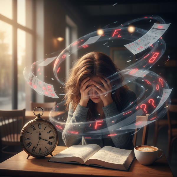 Млада жена, изтощена от балансирането на работа и учене, седи в кафене, обградена от символи на време и задължения.