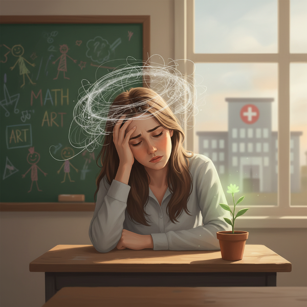 Учителка в класна стая, изтощена от стрес, символизиран от хаотични линии, с елементи, показващи професионално и лично натоварване.