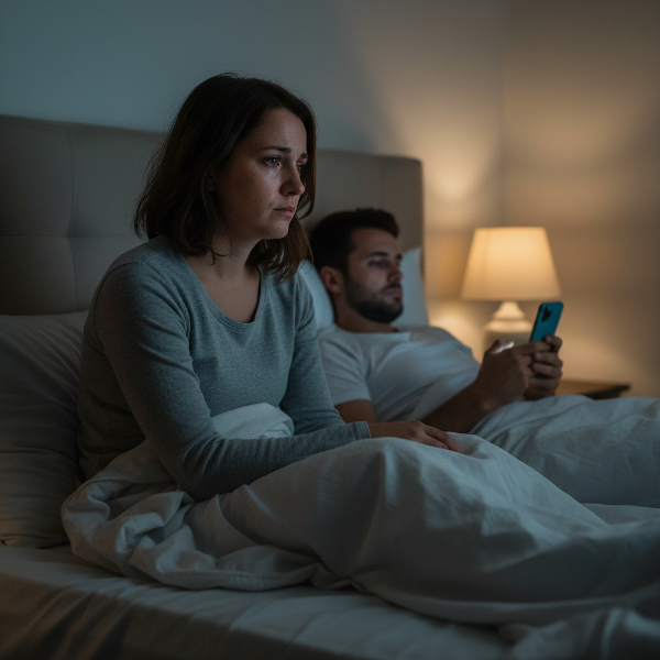 Жена се чувства самотна в леглото, докато съпругът ѝ скролва в телефона си, илюстрирайки цифрово разстояние в интимността.