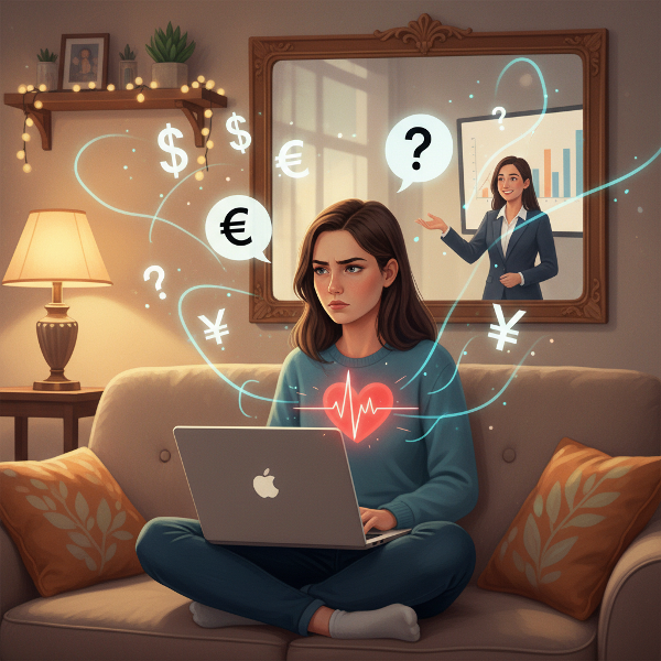 Млада жена фрийлансър се бори с тревожност и липса на увереност при договаряне и изразяване на себе си, докато нейното отражение показва потенциал за сила.