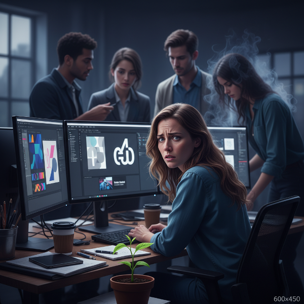 Жена графичен дизайнер в офис, изпитваща несигурност и синдром на самозванеца, заобиколена от проекти, с визуализация на нейния вътрешен съмняващ се глас и начални признаци на възстановяване.