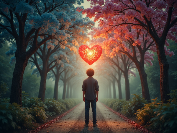 Младеж на кръстопът между тъмно минало на предателство и светъл път към нова любов, държейки сърце като символ на надежда и възстановяване.